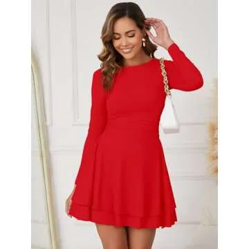Kaximil Women's Crew Neck Long Sleeve Corset Mini Dress Ruffle Hem Short Party Club Dresses, Medium, Red