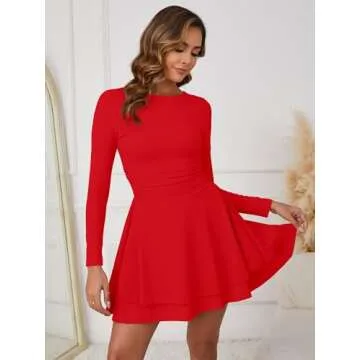 Kaximil Women's Crew Neck Long Sleeve Corset Mini Dress Ruffle Hem Short Party Club Dresses, Medium, Red