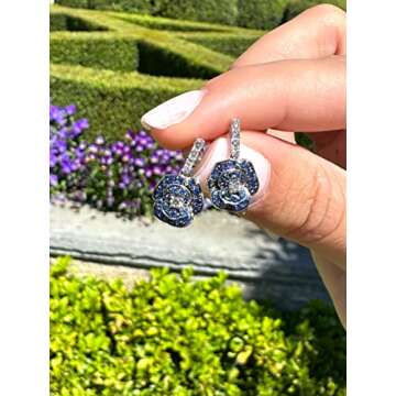 LE VIAN 1/5 Carat Chocolate Diamond and 1/2 Carat Blue Sapphire Rose Flower Dangle Drop Earrings for Women in 14k White Gold (Brown, cttw) Push Back Earrings
