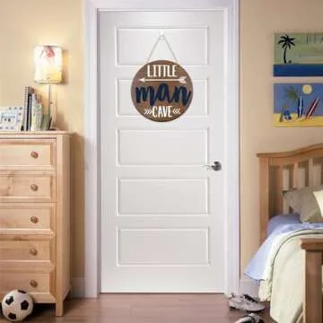 Little Man Cave Wooden Round Door Sign for Little Boy Nursery Room Wall Art Natural Wood Baby Toddle...