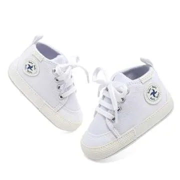 Baby Girls Boys Shoes Newborn First Walkers Star High Top Soft Anti-Slip Sole Canvas Denim Unisex Infant Sneaker (A01-White, 0-6 Months)