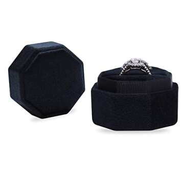 BLUTETE Velvet 2 Slots Jewelry Ring Box Engagement Wedding Box Keepsake Box Bridal Photo Ring Double Slots Octagon (Black)
