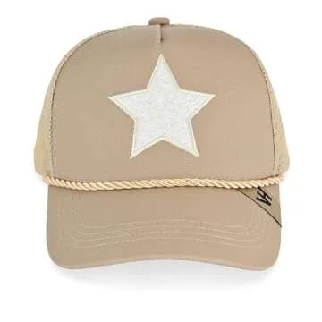 VINTAGE HAVANA Beige Tan Trucker Hats Women White Pearl Embellished Star & Rope | Mesh Adjustable Snapback Hat | Men Women Baseball Cap