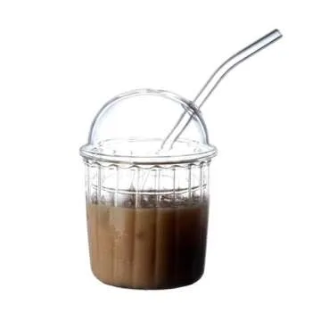 MacTings 16oz Glass Cups with Dome shape Lid and Glass Straw, Reusable Glass Tumbler, Smoothie Glass Cups, Bubble Tea Cups, Drinking Glasses