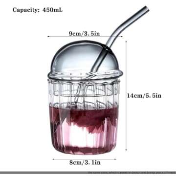 MacTings 16oz Glass Cups with Dome shape Lid and Glass Straw, Reusable Glass Tumbler, Smoothie Glass Cups, Bubble Tea Cups, Drinking Glasses