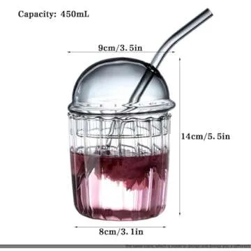 MacTings 16oz Glass Cups with Dome shape Lid and Glass Straw, Reusable Glass Tumbler, Smoothie Glass Cups, Bubble Tea Cups, Drinking Glasses