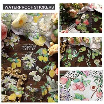 Vintage Stickers for Journaling, Clear Waterproof Stickers Set - Maxleaf 40PCS Flowers Fresh Fruits Collection Big Size Waterproof Stickers for Decoration Planners Scrapbook Laptops DIY Craft Journals