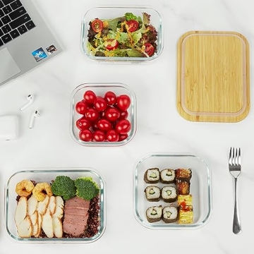 Vtopmart Glass Food Containers with Bamboo Lids, 4 Pack