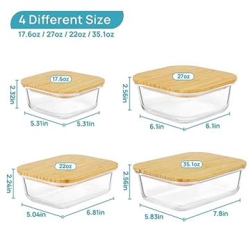 Vtopmart Glass Food Containers with Bamboo Lids, 4 Pack