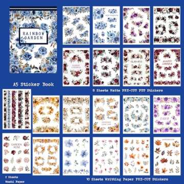 Dwpetzo Vintage Watercolor Flower Stickers, Precut Journal Sticker Book for Junk Journaling, Assorted Materials PET Washi Paper Stickers for Scrapbooking Supplies, Planners, Collage, 20 Sheets, A5
