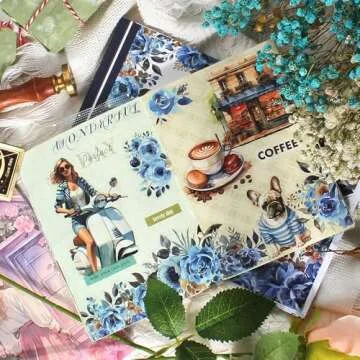 Dwpetzo Vintage Watercolor Flower Stickers, Precut Journal Sticker Book for Junk Journaling, Assorted Materials PET Washi Paper Stickers for Scrapbooking Supplies, Planners, Collage, 20 Sheets, A5