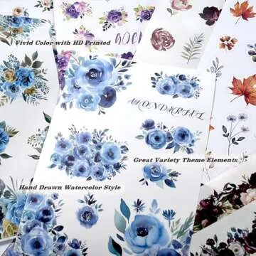 Dwpetzo Vintage Watercolor Flower Stickers, Precut Journal Sticker Book for Junk Journaling, Assorted Materials PET Washi Paper Stickers for Scrapbooking Supplies, Planners, Collage, 20 Sheets, A5