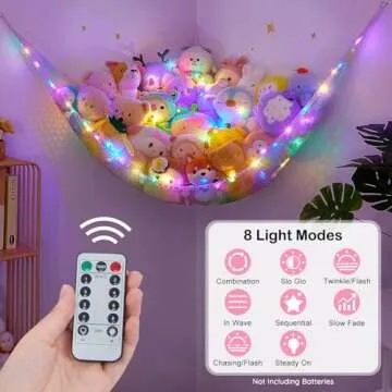 Unicorn Castle Stuffed Animal Net Hammock Kids Toy Storage with LED Light Plush Toy Organizer Corner...