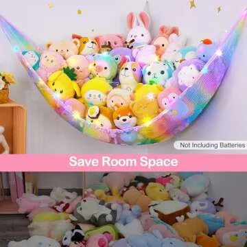 Unicorn Castle Stuffed Animal Net Hammock Kids Toy Storage with LED Light Plush Toy Organizer Corner Hanging Stuffed Animal Holder For Nursery Kids Girls Room Decor
