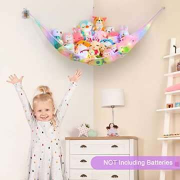 Unicorn Castle Stuffed Animal Net Hammock Kids Toy Storage with LED Light Plush Toy Organizer Corner Hanging Stuffed Animal Holder For Nursery Kids Girls Room Decor