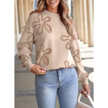 Dokotoo Womens Fall Winter Warm Sweaters 2024 Fashion Cozy Crewneck Cable Knit Floral Print Casual Long Sleeve Pullover Jumper Tops Solid Cute Daily Loose Fit Sweaters Outerwear Apricot L