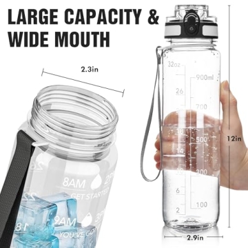 OLDLEY Water Bottles, 32oz Motivational Sports Water Bottle with Time Marker - Times to Drink - Tritan, BPA Free, Wide Mouth Leakproof, Clear (1 Pack)