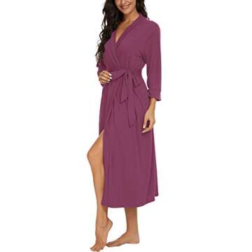VINTATRE Women Kimono Robes Long Knit Bathrobe Lightweight Soft Knit Sleepwear V-neck Casual Ladies Loungewear Purple Red-Small
