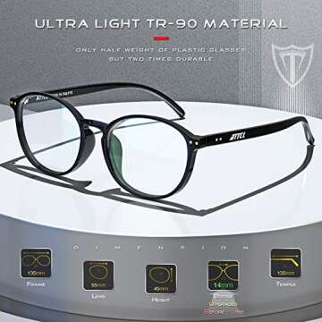 ATTCL Unisex Blue Light Blocking Glasses Men Women Computer Glasses Round Eyeglasses frame 1133-Black