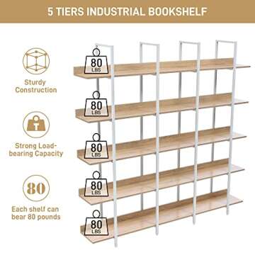 Harper & Bright Designs 5 Tier Bookcase Home Office Open Bookshelf, Vintage Industrial Style Shelf, MDF Board, White Metal Frame, Oak