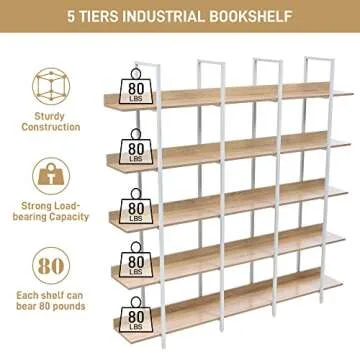 Harper & Bright Designs 5 Tier Bookcase Home Office Open Bookshelf, Vintage Industrial Style Shelf, MDF Board, White Metal Frame, Oak