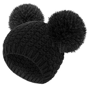 Livingston Women's Cable Knit Beanie Hat with Double Pompoms - Cute Winter Hat in Black