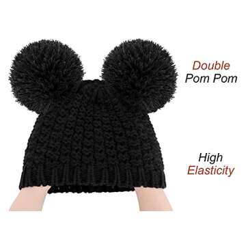 Livingston Women's Cable Knit Beanie Hat with Double Pompoms - Cute Winter Hat in Black