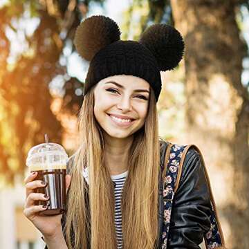 Livingston Women's Cable Knit Beanie Hat with Double Pompoms - Cute Winter Hat in Black