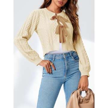 Saodimallsu Womens Cropped Cable Knit Cardigan Sweaters Long Sleeve Bow Tie Front Crew Neck Chunky S...