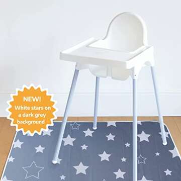 TotsAhoy! Baby Splat Mat for Under High Chair, 51" Waterproof and Washable Spill Mat, Anti-Slip Floor Protector, Baby Play Mat - Grey Stars