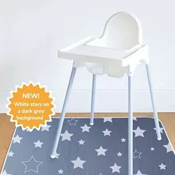 TotsAhoy! Baby Splat Mat for Under High Chair, 51" Waterproof and Washable Spill Mat, Anti-Slip Floor Protector, Baby Play Mat - Grey Stars