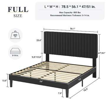 Allewie Full Bed Frame, Velvet Upholstered Platform Bed with Vertical Channel Tufted Headboard, Matt...