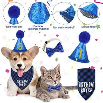 Weewooday Dog Birthday Party Supplies Birthday Boy Girl Cake Bandana Triangle Scarf Party Hat Dog Bow Tie Collar with Numbers for Large Medium Small Dog Puppy 1st Birthday(Elegant Style,Medium)