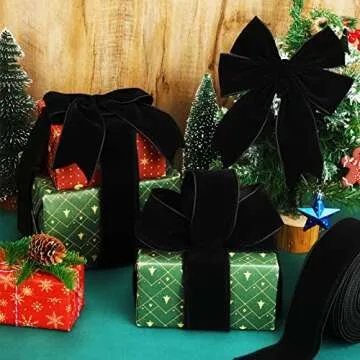 Yungyan Valentine's Day Velvet Ribbons Vintage Wired Gift Wrapping Ribbon for Christmas Tree Decorations and Wreath Outdoor Felt Bow Crafts(Black,2.5 Inch X 60 Yards)