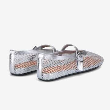 Adrizzlein Mesh Ballet Flats for Women Silver Ballerina Flats Buckle Strap Mesh Ballet Shoes Wide Width Fishnet Casual Summer Dress Flat Shoes Silver Size 9