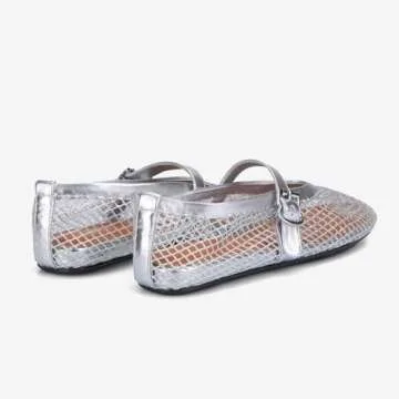 Adrizzlein Mesh Ballet Flats for Women Silver Ballerina Flats Buckle Strap Mesh Ballet Shoes Wide Width Fishnet Casual Summer Dress Flat Shoes Silver Size 9