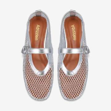 Adrizzlein Mesh Ballet Flats for Women Silver Ballerina Flats Buckle Strap Mesh Ballet Shoes Wide Width Fishnet Casual Summer Dress Flat Shoes Silver Size 9