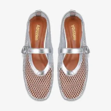Adrizzlein Mesh Ballet Flats for Women Silver Ballerina Flats Buckle Strap Mesh Ballet Shoes Wide Width Fishnet Casual Summer Dress Flat Shoes Silver Size 9