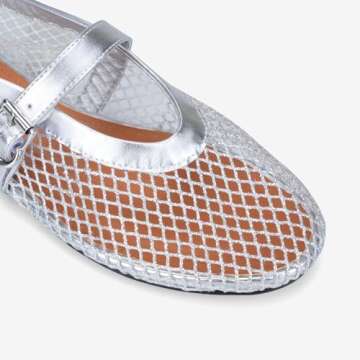 Adrizzlein Mesh Ballet Flats for Women Silver Ballerina Flats Buckle Strap Mesh Ballet Shoes Wide Width Fishnet Casual Summer Dress Flat Shoes Silver Size 9