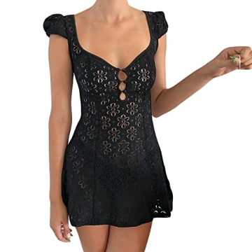 Women Lace Mini Dress Low Cut Backless Ruffle Design