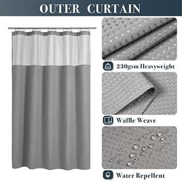 N&Y HOME Stall Waffle Shower Curtain with Snap-in Fabric Liner & Hooks Set - 54" x 78" Shower Stall ...