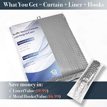 N&Y HOME Stall Waffle Shower Curtain with Snap-in Fabric Liner & Hooks Set - 54" x 78" Shower Stall Size, Hotel Style & Mesh Top Window, Machine Washable - 54x78, Gray