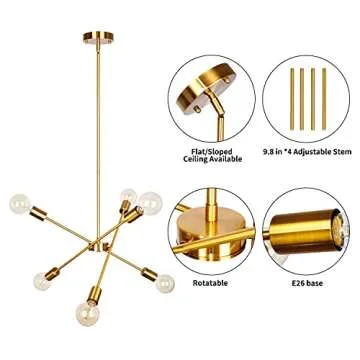 PUZHI HOME Gold Sputnik Chandeliers Light Fixture, 6 Lights Modern Chandelier Pendant Lighting for Kitchen Island Bedroom Living Room