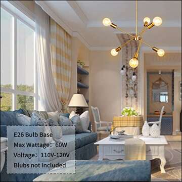 PUZHI HOME Gold Sputnik Chandeliers Light Fixture, 6 Lights Modern Chandelier Pendant Lighting for Kitchen Island Bedroom Living Room