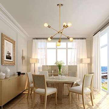 PUZHI HOME Gold Sputnik Chandeliers Light Fixture, 6 Lights Modern Chandelier Pendant Lighting for Kitchen Island Bedroom Living Room