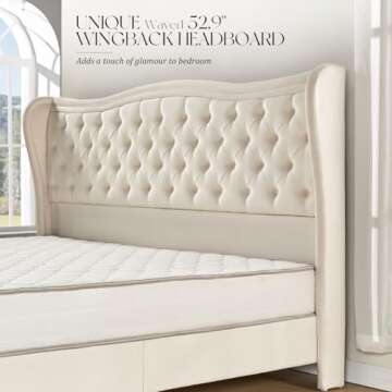 VanAcc Queen Size Platform Bed Frame, Wavy Velvet Wingback Upholstered Bed with Handmade Deep Button Tufted 52.9" Tall Headboard & Footboard/No Box Spring Needed/Cream