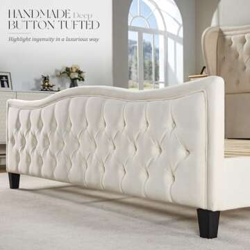 VanAcc Queen Size Platform Bed Frame, Wavy Velvet Wingback Upholstered Bed with Handmade Deep Button Tufted 52.9" Tall Headboard & Footboard/No Box Spring Needed/Cream
