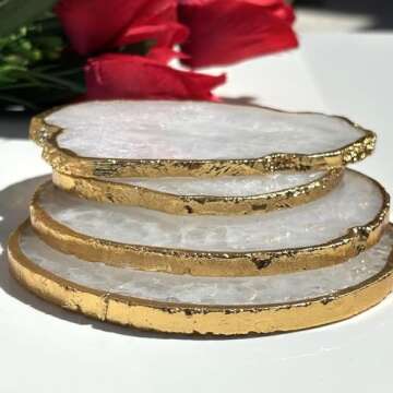 Elegant White Agate Stone Coasters Set of 4 with Gold Edge