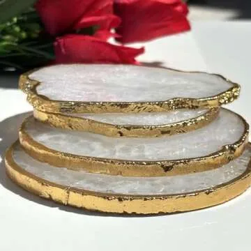 Elegant White Agate Stone Coasters Set of 4 with Gold Edge