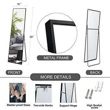 FLYMUHJIA Wall Mirror Full Length Full Body, Floor, Standing Mirror with Aluminum Alloy Thin Frame for Bedroom Living Room, 59” X16” Black